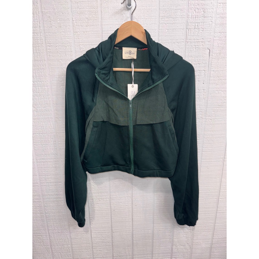 Umgee Hooded Jacket Women Green Mixed Media Cropped Full Zip C4082 S Oversized